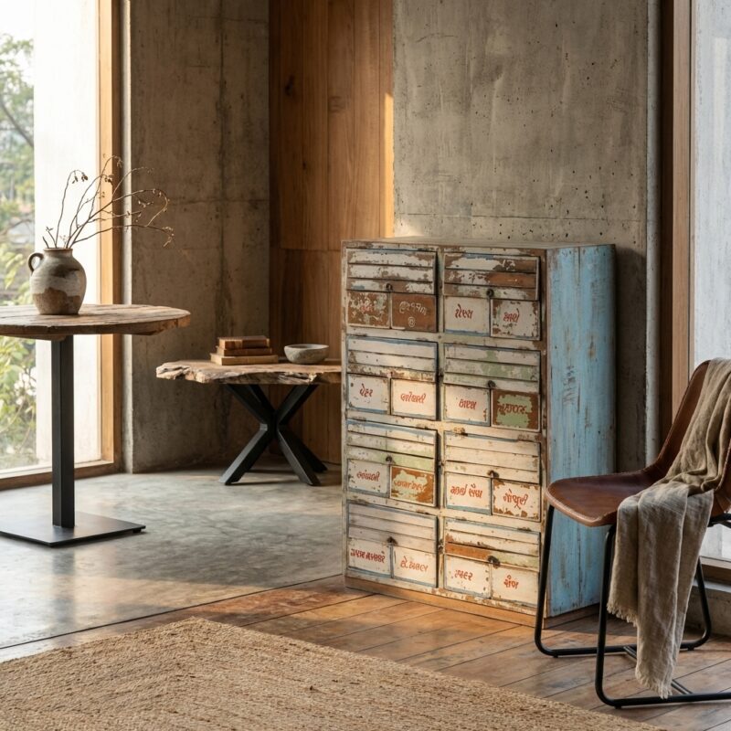 Unieke Indiase metalen ladekast met meerkleurig oppervlak en veel opbergruimte