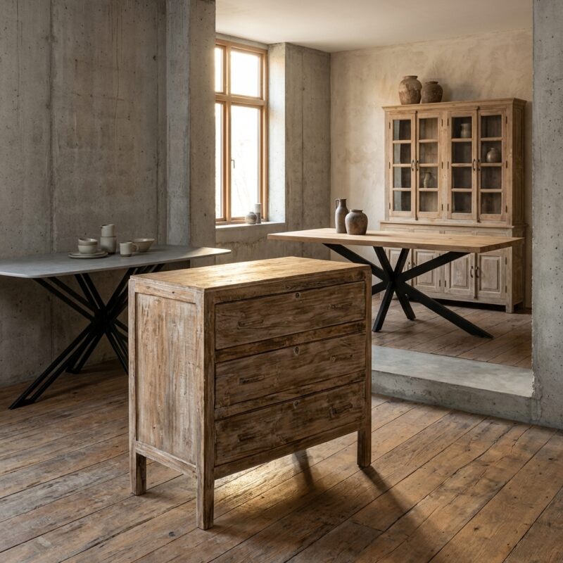 Antieke Indiase ladekast met 3 laden in bruin hout