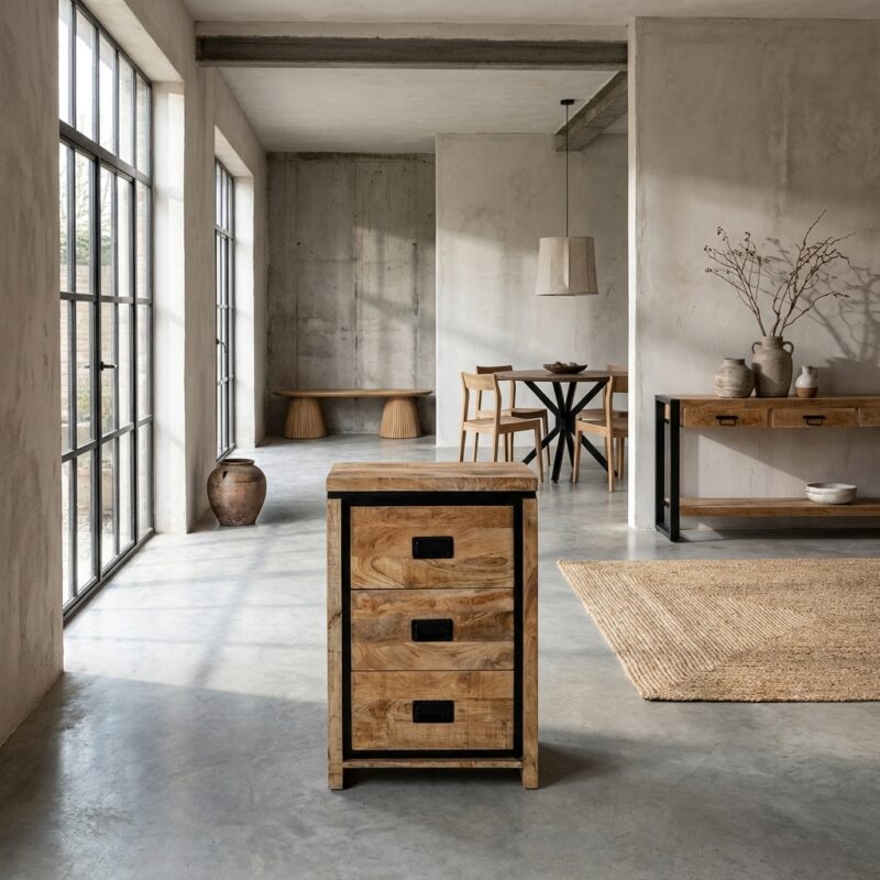 Novelle 60 ladekast, zwarte metalen handgrepen, mangohout