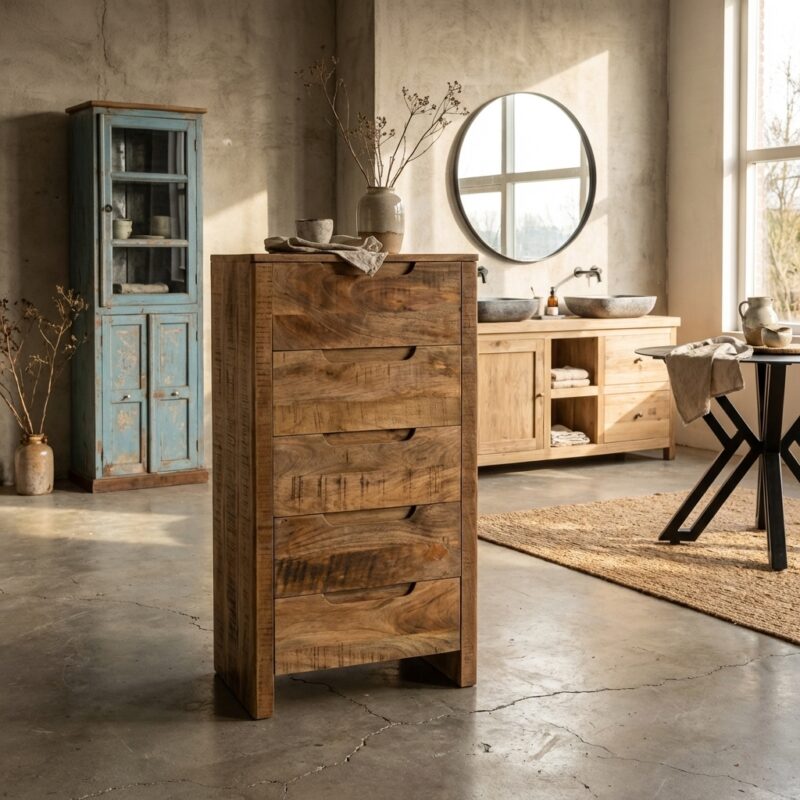 Ladekast Sophie, houtkleurig, mango hout, smal en hoog model