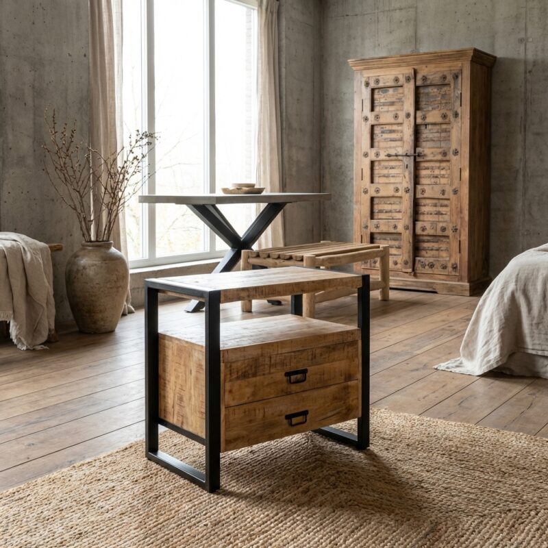 Ladekastje Britt met hoge pootjes en open vak in zwart en mango hout