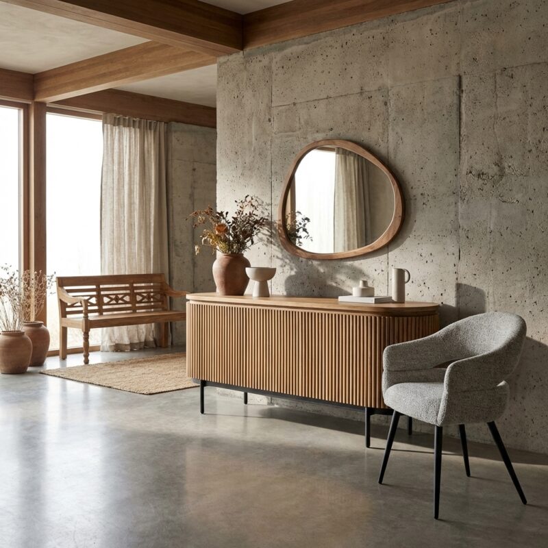 Lausanne 170cm kast in natuurlijk teakhout met zwart stalen onderstel