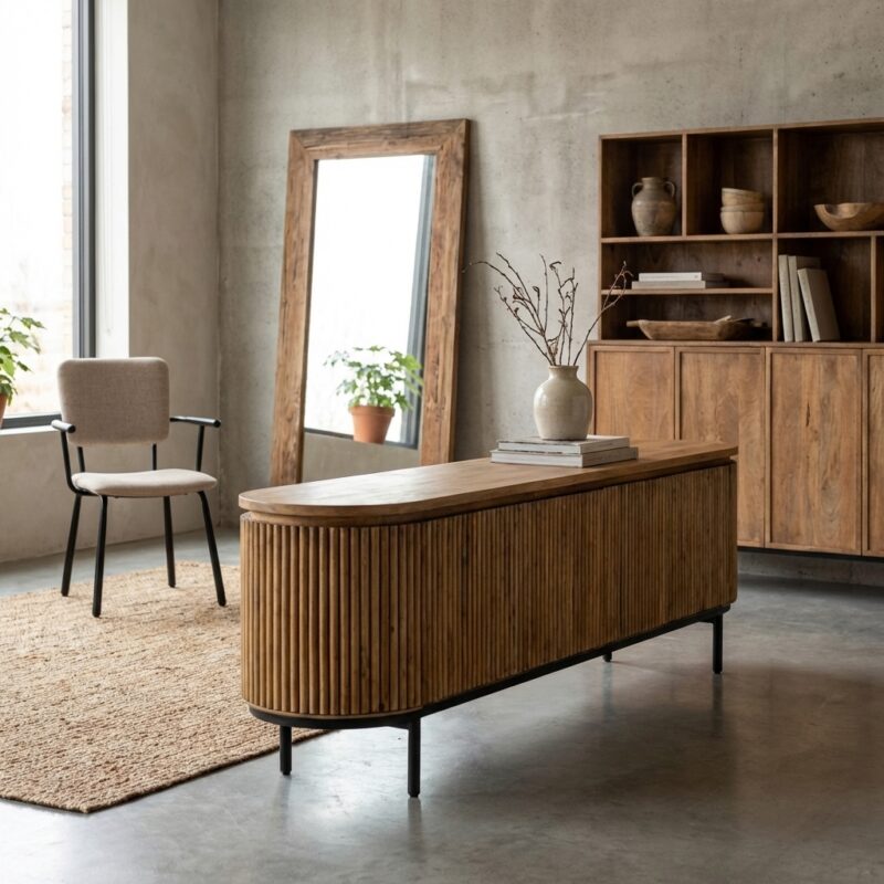 Lausanne 210cm kast in natuurlijk teakhout met zwart stalen onderstel