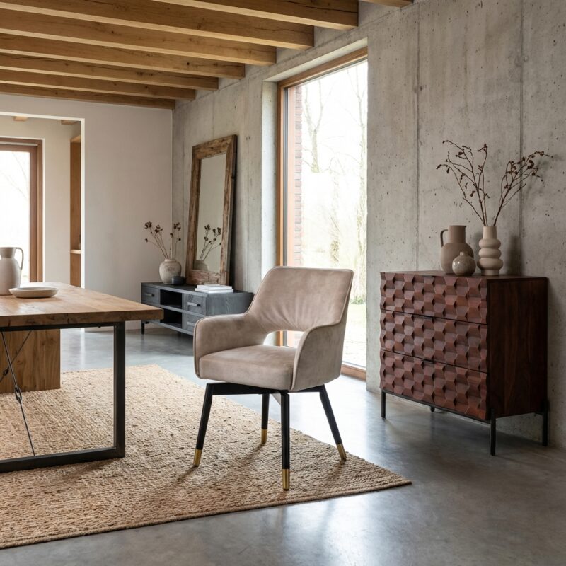 Lenno armstoel met armleuning in beige kleur, hotelstijl, zwart frame en gouden details