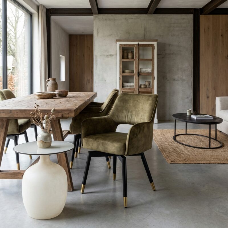 Zwart metalen en houten eetkamerstoel met groene bekleding, in een modern interieur met grote ramen, natuurlijke lichtinval en minimalistische decoratie. Perfect voor een stijlvolle eetruimte.