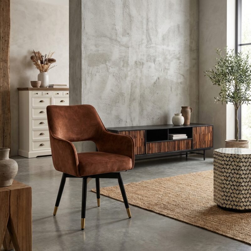 Zwart houten tv-meubel met opbergruimte en decoratieve vazen, in een modern interieur met een bruine fauteuil, grote raam en groene plant, perfect voor een stijlvolle woonkamer.