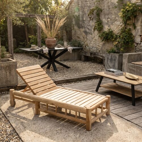 Ligstoel met wielen in teakhout, outdoor lounge meubel voor tuin