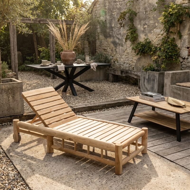 Ligstoel met wielen in teakhout, outdoor lounge meubel voor tuin