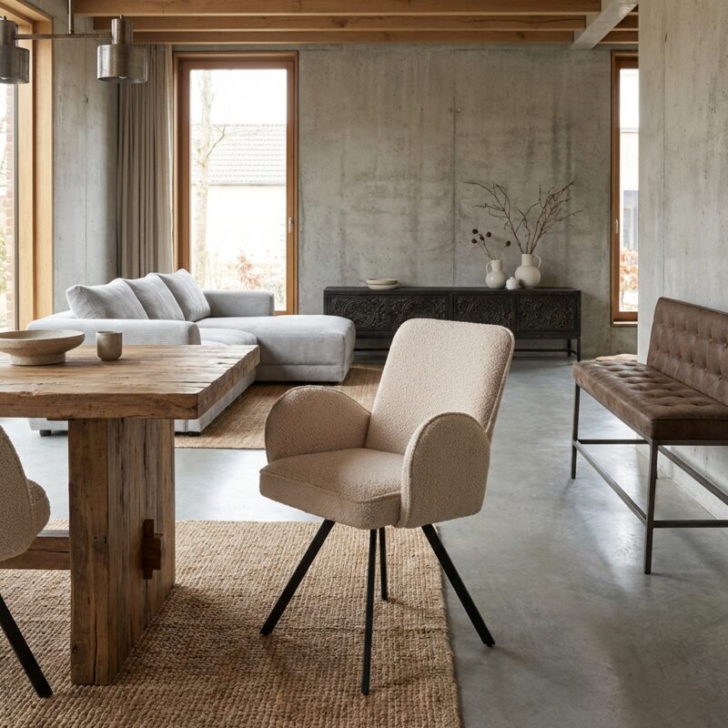 Zachte, moderne woonkamer met natuurlijke houten meubels, grote ramen en minimalistische decoratie, perfect voor een stijlvolle en gezellige leefruimte.