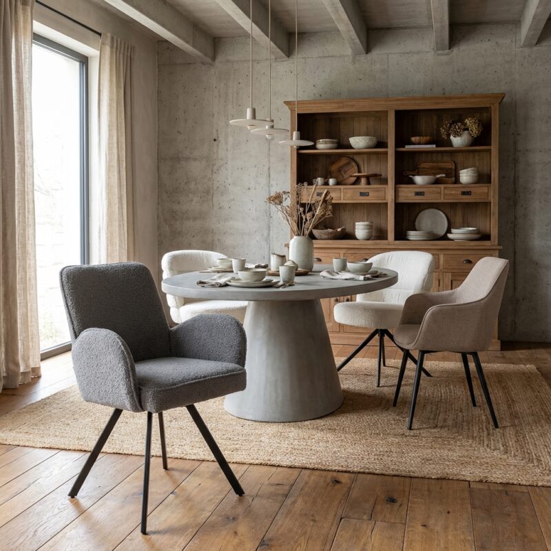 Een moderne eetkamer met een ronde tafel en comfortabele stoelen, gecombineerd met een houten kast en natuurlijke decoratie, perfect voor een stijlvolle en gezellige eetruimte.