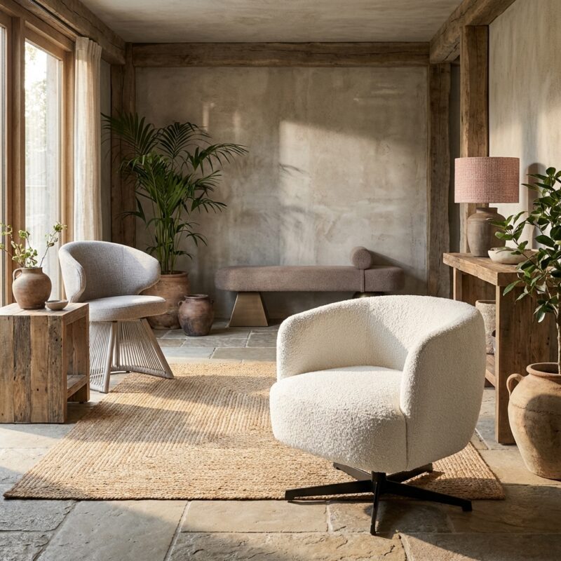 Lounge stoel Estelle beige blockweave swivel hoofdafbeelding