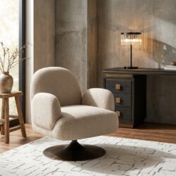 Lounge stoel Kagney biscotti swivel, brons, wit, multiplex, grenen, pu foam, rvs, 100% polyester