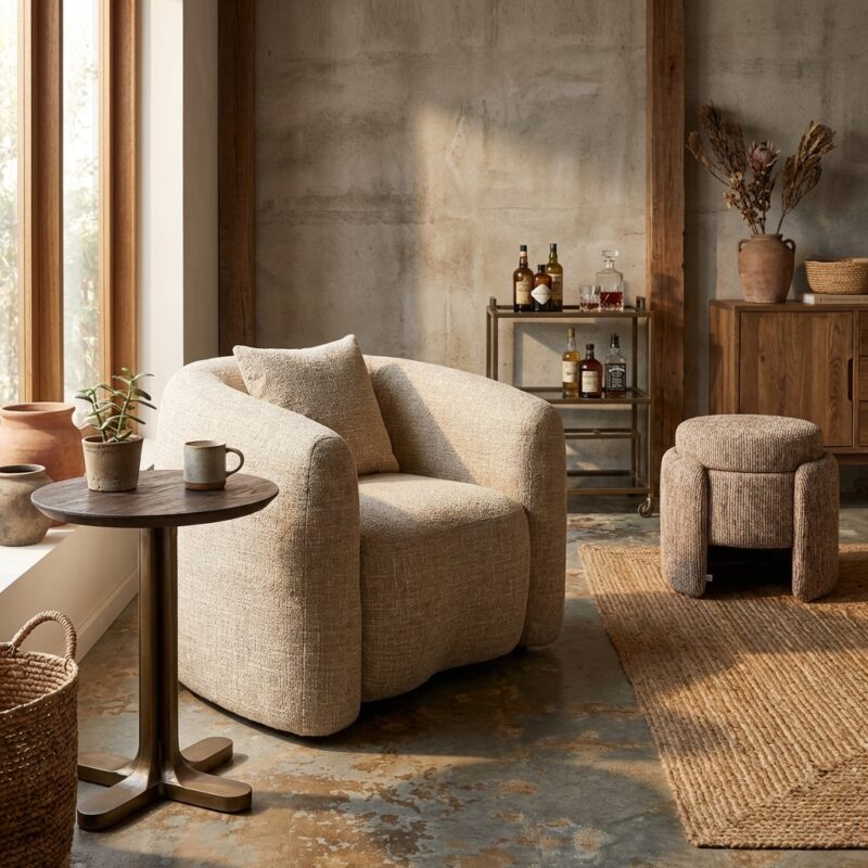 Lounge stoel Luxandra sand tweed fire retardant, comfortabel en stijlvol
