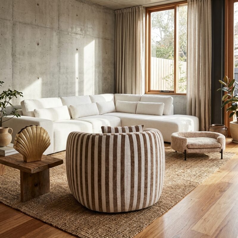 Lounge stoel Luxandra stripes sand, handgemaakt, afneembare kussens