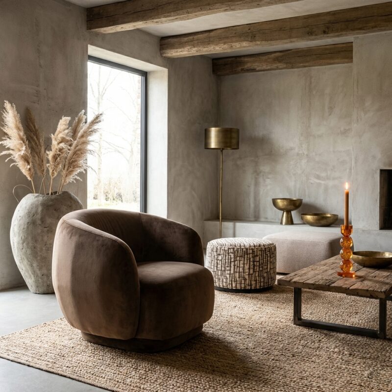 Lounge stoel Negreslo brown fluffy, royale vorm, brown fluffy bekleding, handgemaakt