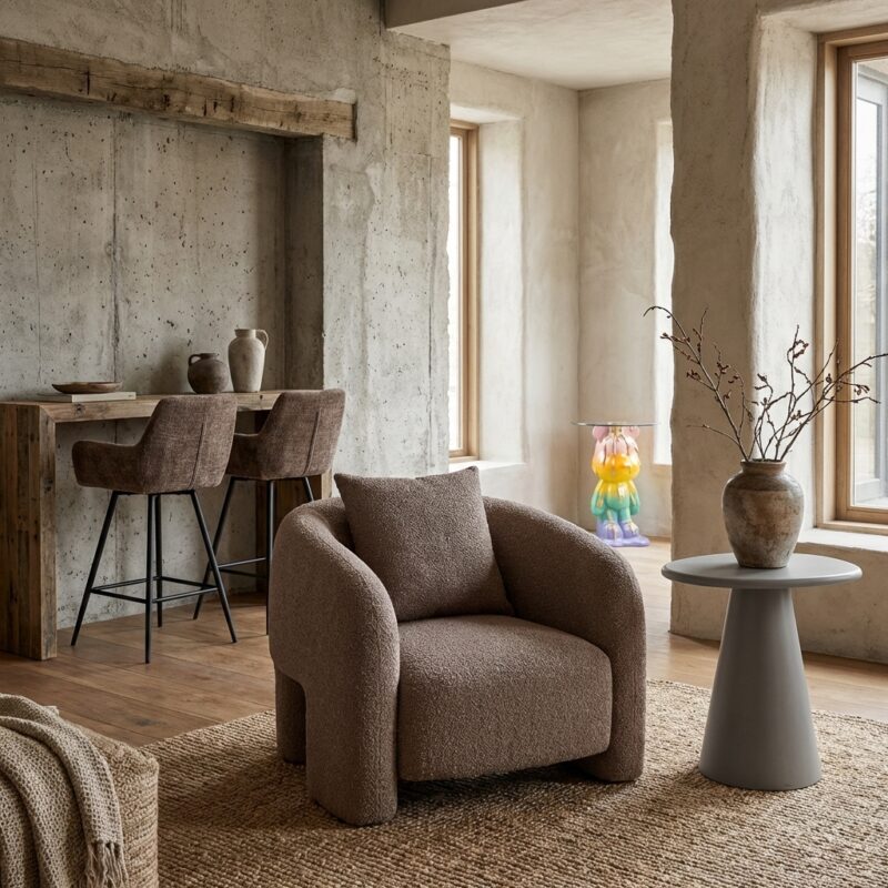 Lounge stoel Tuscany mocca chunky, royale vorm, afneembare kussens, handgemaakt