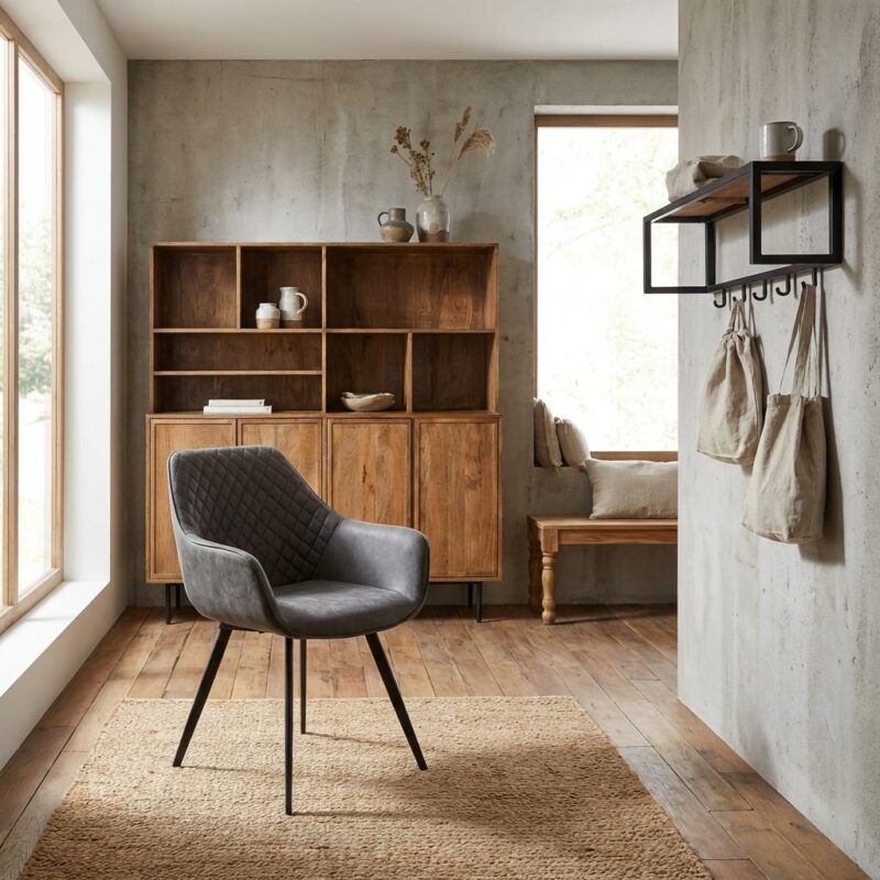 Armstoel Luca Antraciet, grijs, stof en gecoat staal, moderne eetkamerstoel