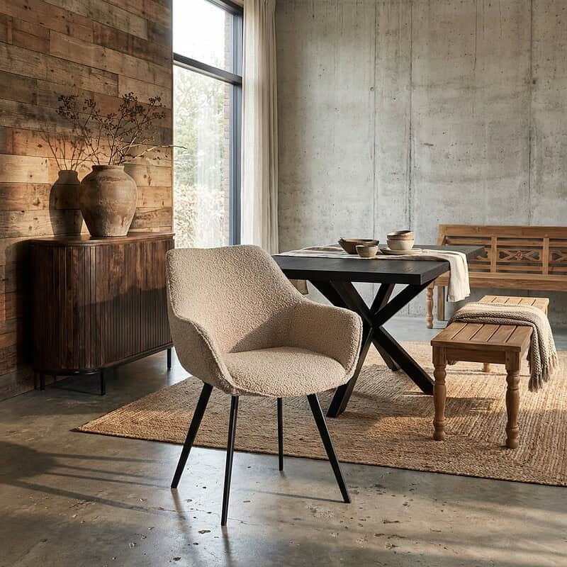 Luca eetkamerstoel beige luxe boucle stof en gecoat staal