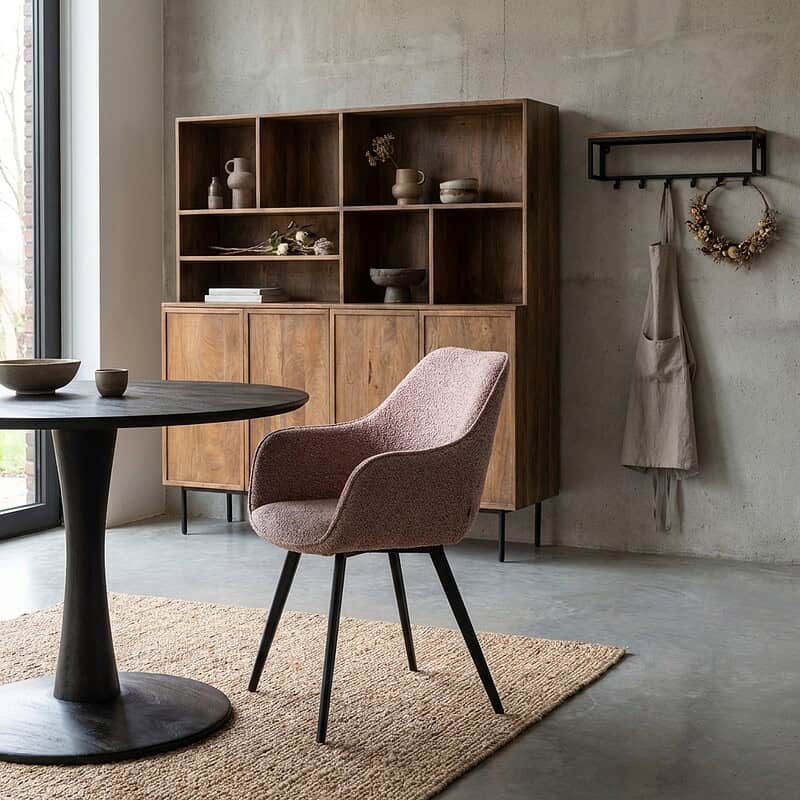 Luca eetkamerstoel van Livingfurn, roze, luxe boucle stof en gecoat staal