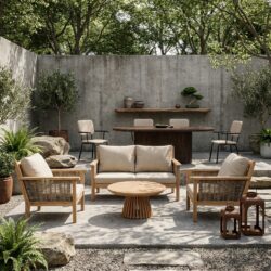 Malaga tuinset, teakhouten bankje, stoelen en tafel, naturel hout