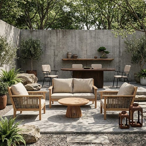 Malaga tuinset, teakhouten bankje, stoelen en tafel, naturel hout