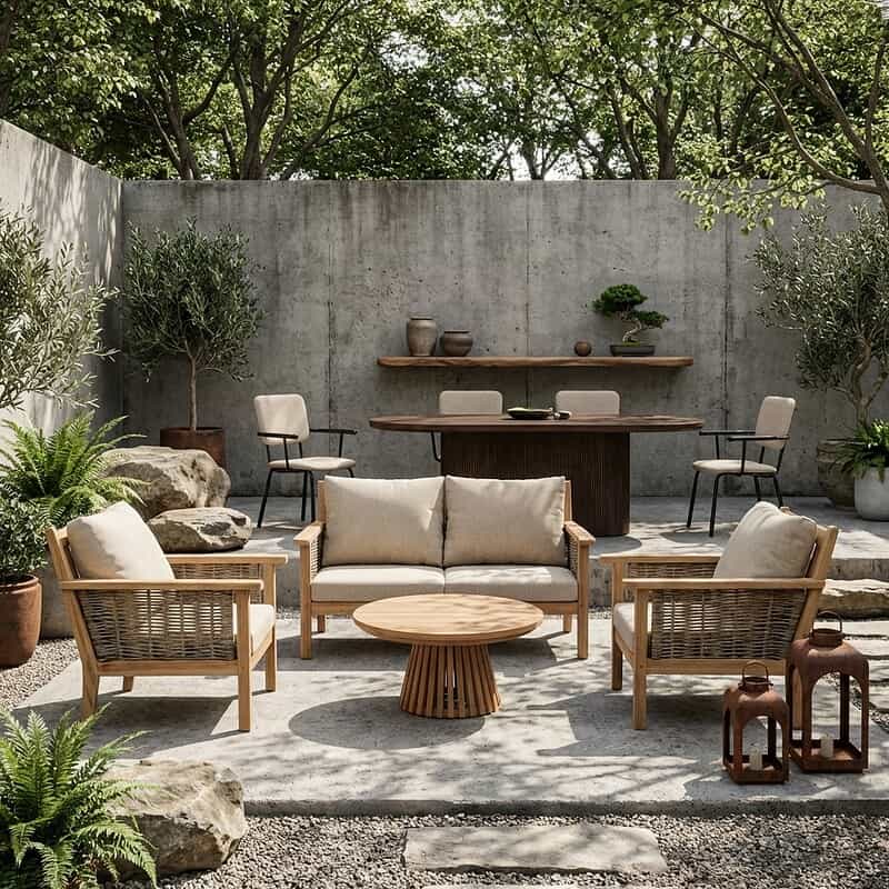 Malaga tuinset, teakhouten bankje, stoelen en tafel, naturel hout