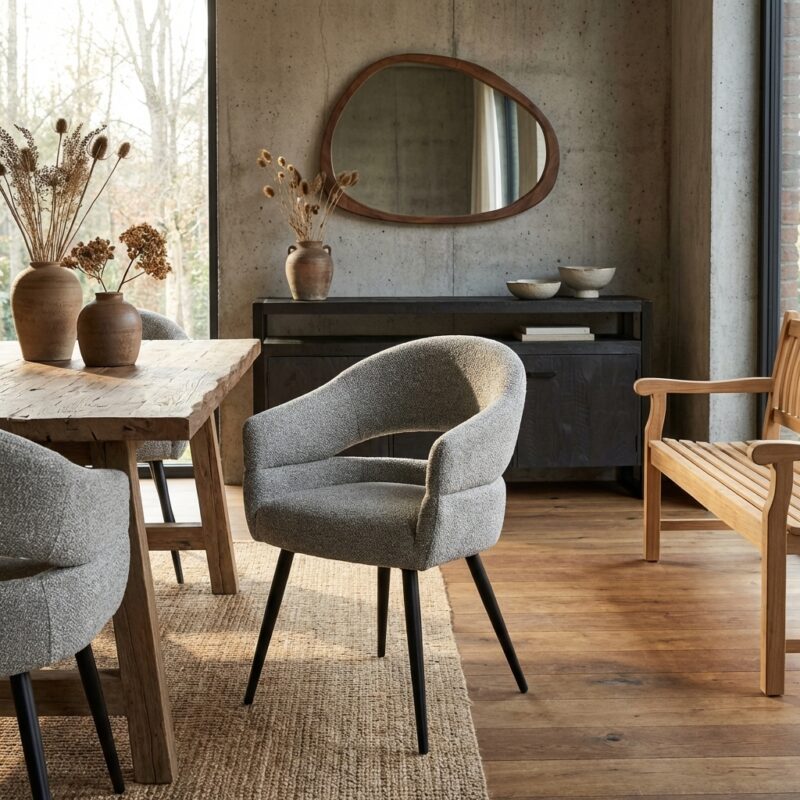 Megan Taupe eetkamerstoel in bruin stof en gecoat staal