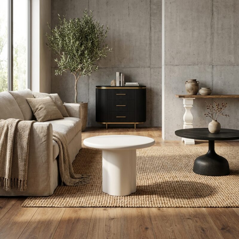 Ronde bijzettafel in witte kleur met Japandi-stijl