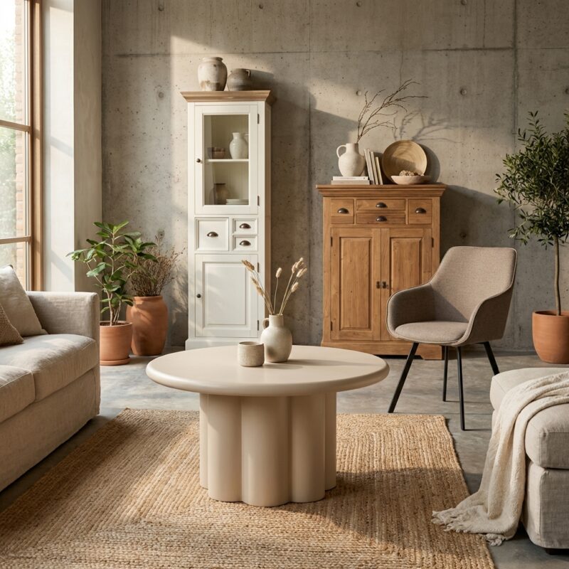 Ronde eetkamertafel in beige uit de Melzo collectie met Japandi stijl