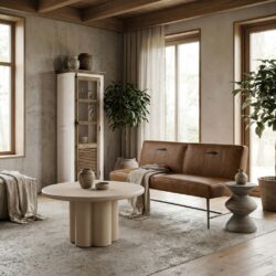 Ronde eetkamertafel in beige Japandi stijl met een hoogte van 77 cm en een diameter van 150 cm