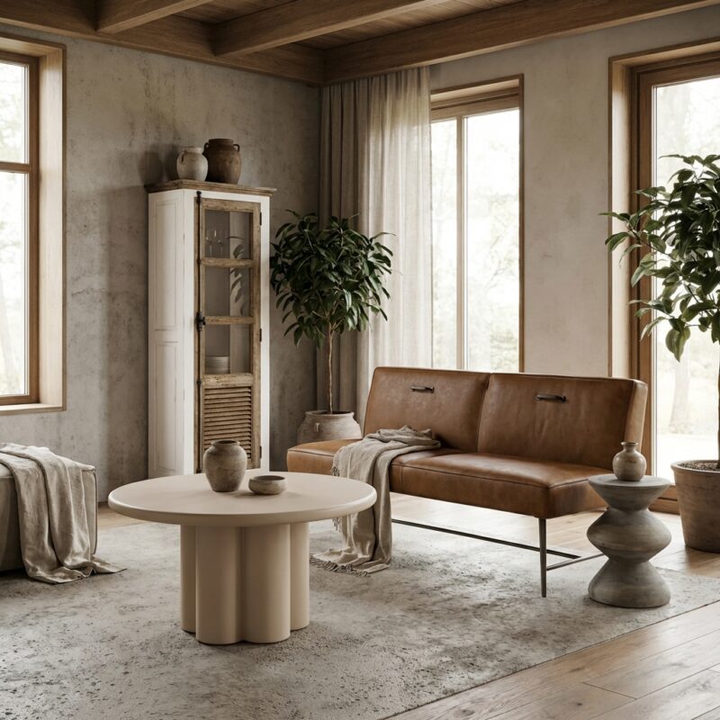 Ronde eetkamertafel in beige Japandi stijl met een hoogte van 77 cm en een diameter van 150 cm