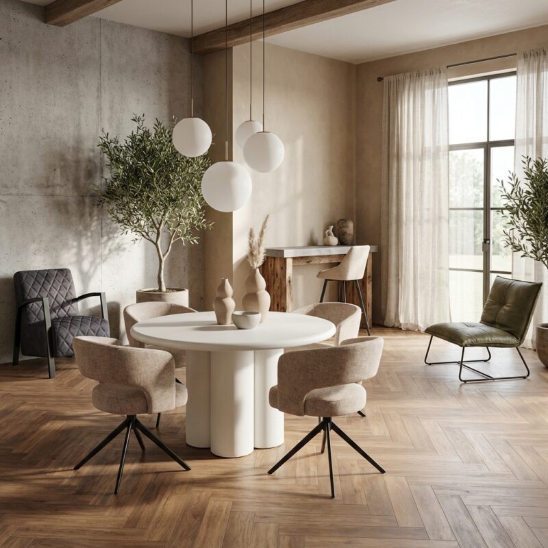 Ronde eetkamertafel in wit, Japandi-stijl, 130 cm diameter