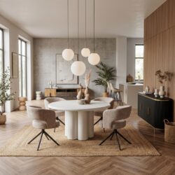 Ronde eetkamertafel van witte materialen in Japandi-stijl met een diameter van 150 cm