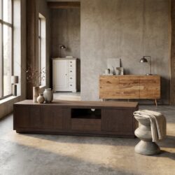 Mincio TV-meubel 220 cm lang, landelijk modern stijl, bruin kleurtint, espresso houten oppervlak