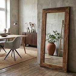 Grote houten spiegel in een minimalistisch interieur met een plantenpot en ladder, creëert een warme en natuurlijke sfeer in de woonkamer.