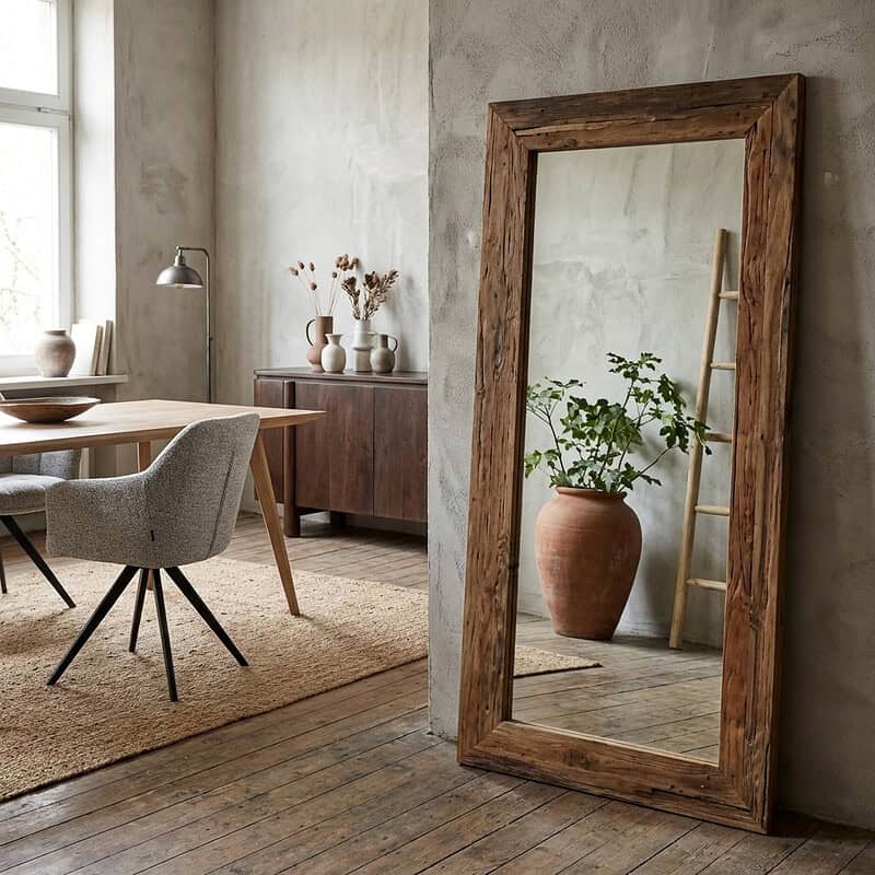 Grote houten spiegel in een minimalistisch interieur met een plantenpot en ladder, creëert een warme en natuurlijke sfeer in de woonkamer.