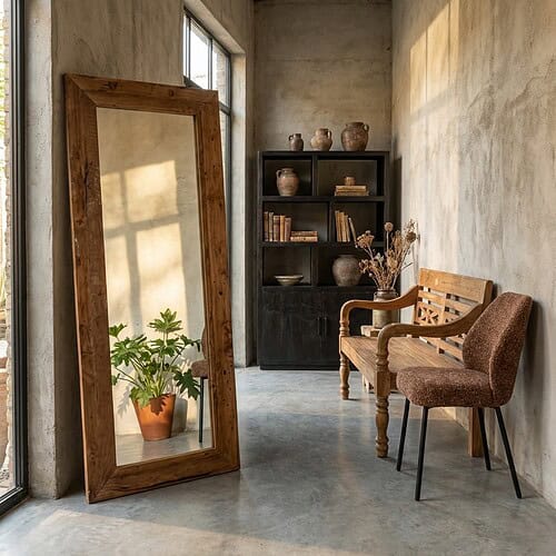 Klassieke houten meubels in een minimalistische interieursetting Een grote houten spiegel, een vintage houten stoel en een stoffen armstoel in een industrieel interieur met een zwarte boekenkast en decoratieve vazen.