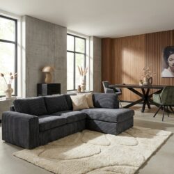 Hoekbank MySofa Teddy, antraciet, ribstof en beukenhout, comfortabel meubel