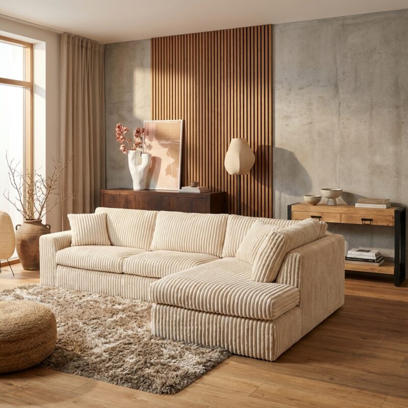 Hoekbank Teddy, beige, ribstof, beukenhouten frame, comfortabel meubel