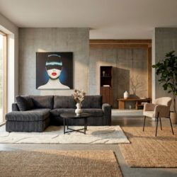 Hoekbank Teddy in antraciet met brede ribstof en beukenhouten frame