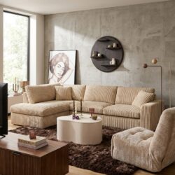 MySofa Teddy hoekbank beige met brede ribstof en beukenhouten frame