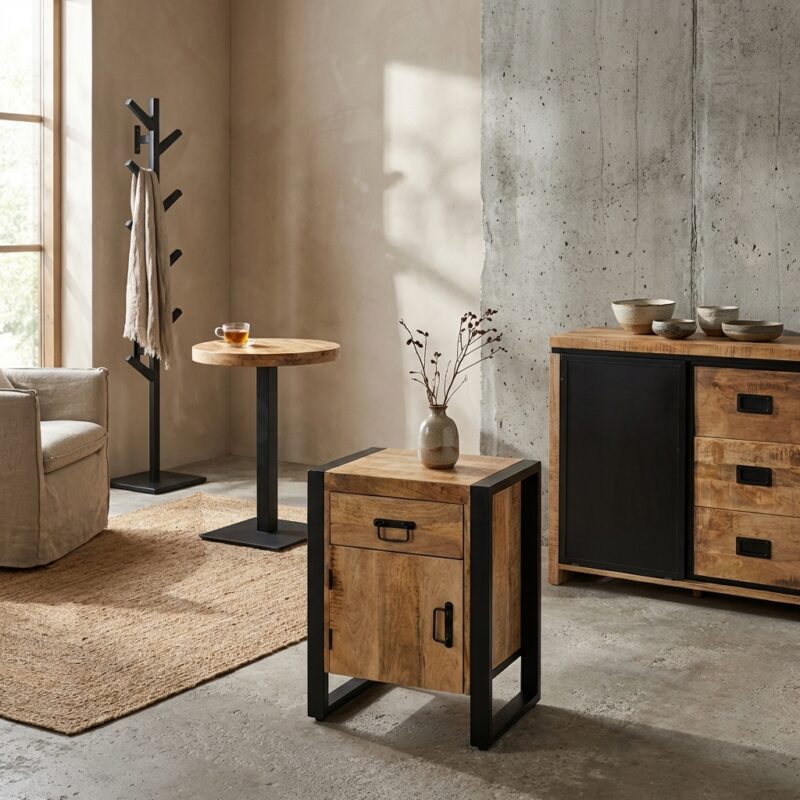 Nachtkast Britt Deuropening naar links in zwart hout met poedercoat