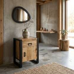 Nachtkast Britt Deuropening naar rechts, hout, zwarte kleur, mango hout en staal