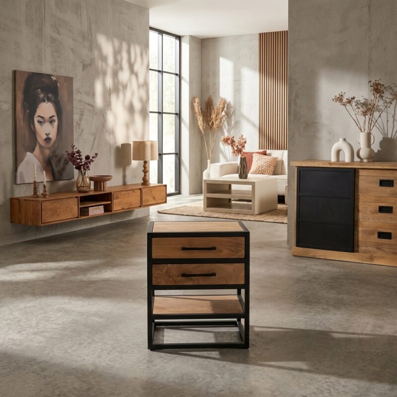 Nachtkastje Dakota, mangohout, lichte finish, twee lades en onderblad