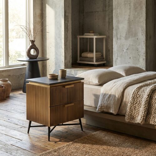 Nachttisch Ironville mit 2 Schubladen, schickes Design, antik-messingfarben, schwarze Marmorplatte