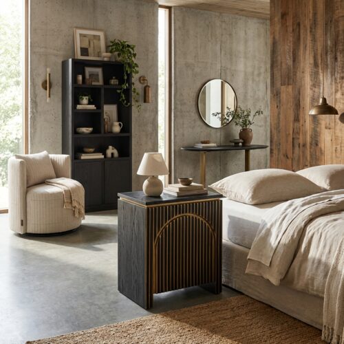 Nachttisch Les Arcs, gebürstetes Gold mit Messing und Marmor