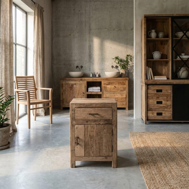 Nachtkastje Roots 1 lade en deur rechts, houten, recycled hout, rustiek