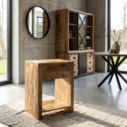 Nachtkastje Sophie, compact mango houten meubel met één lade en open vak