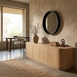 Novero 220cm TV meubel in natuurlijk eikenhout fineer met afgeronde hoeken en strakke lijnen