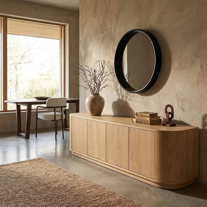 Novero 220cm TV meubel in natuurlijk eikenhout fineer met afgeronde hoeken en strakke lijnen